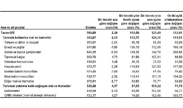 Tarımsal girdi fiyat endeksi (Tarım-GFE) yıllık %121,49, aylık %2,38 arttı