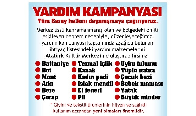 Saray Belediyesi'nden deprem bölgesi için yardım kampanyası